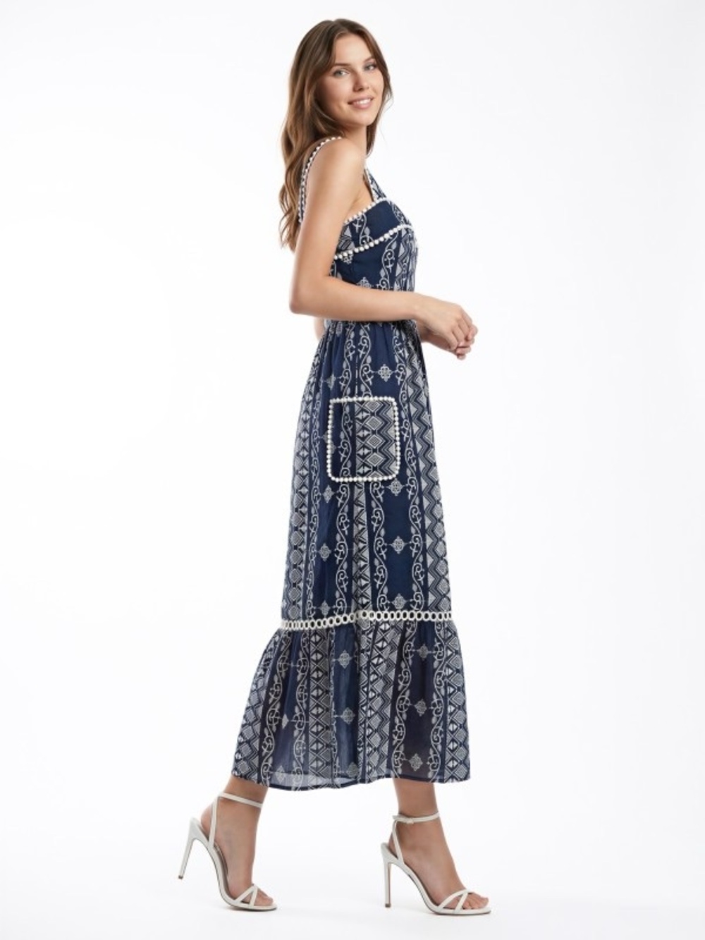 Camellia Navy & White Patterned Maxi Dress with Crochet Trim - Picture 2 of 4